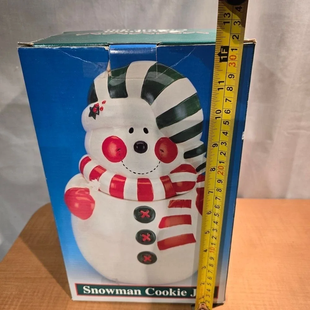 Snowman Ceramic Cookie Jar‎ Green Red Striped Hat & Scarf Original Box Christmas